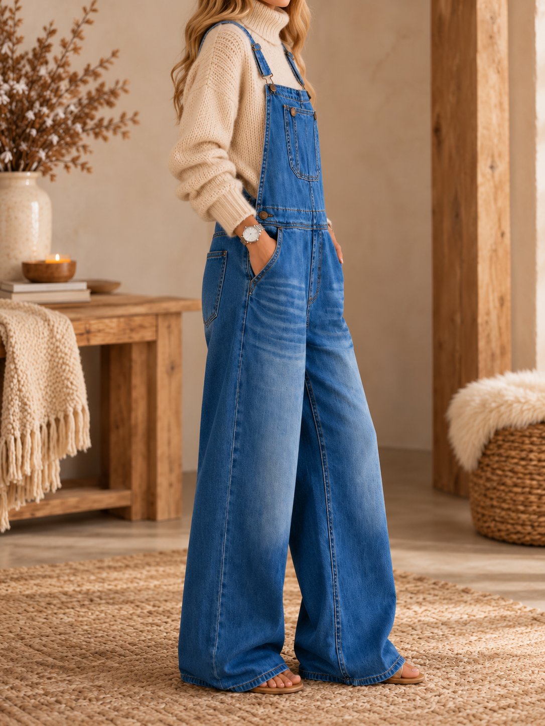 Women's Denim Dungarees Jumpsuit – Wide Leg Bib Overalls