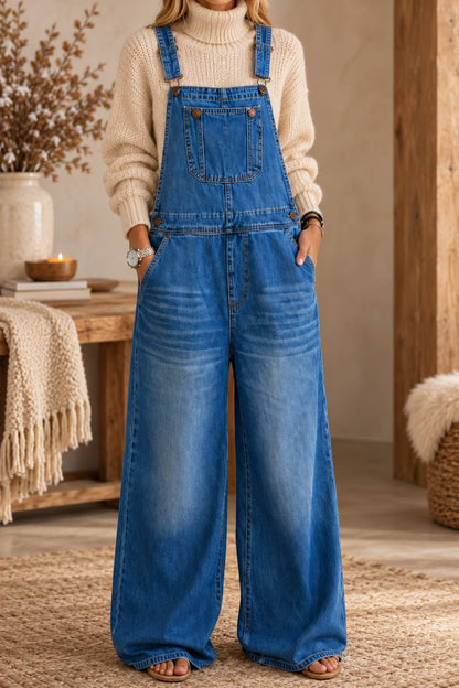 Women's Denim Dungarees Jumpsuit – Wide Leg Bib Overalls