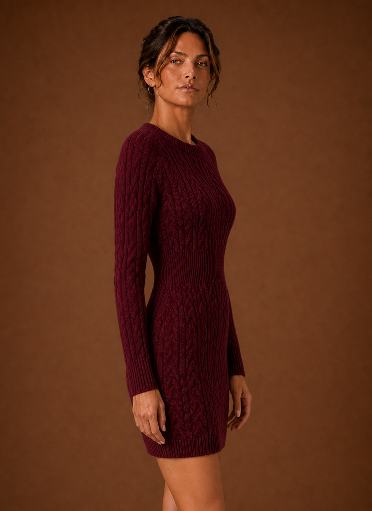 Cable Knit Sweater Mini Dress — Long Sleeve Women's Knit 6