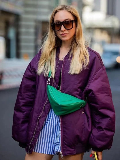 Oversized Quilted Bomber Jacket for Women — Zip Front 3