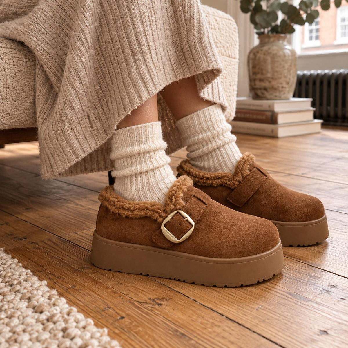 Women's Fleece-Lined Mule Slippers in Yellow Brown