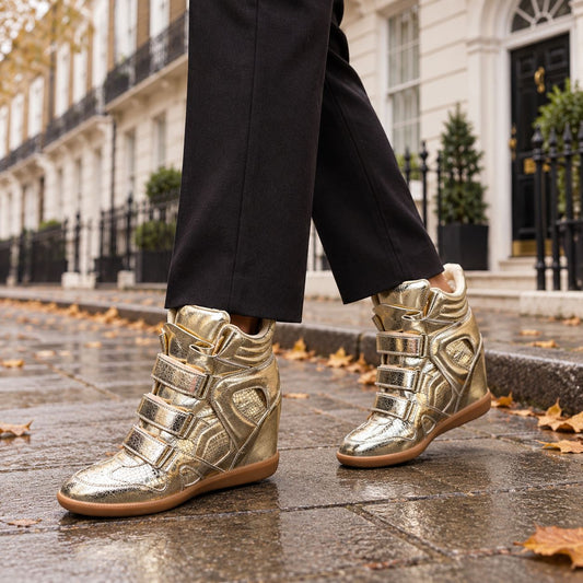 Women's Hidden Wedge Metallic Sneakers in Gold