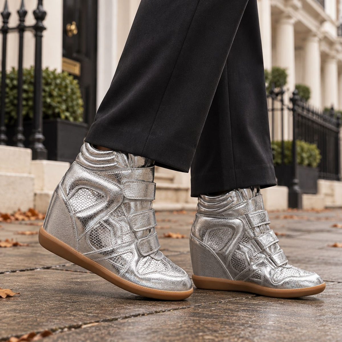 Women's Hidden Wedge Metallic Sneakers in Silver