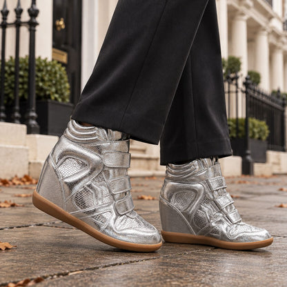 Women's Hidden Wedge Metallic Sneakers in Silver