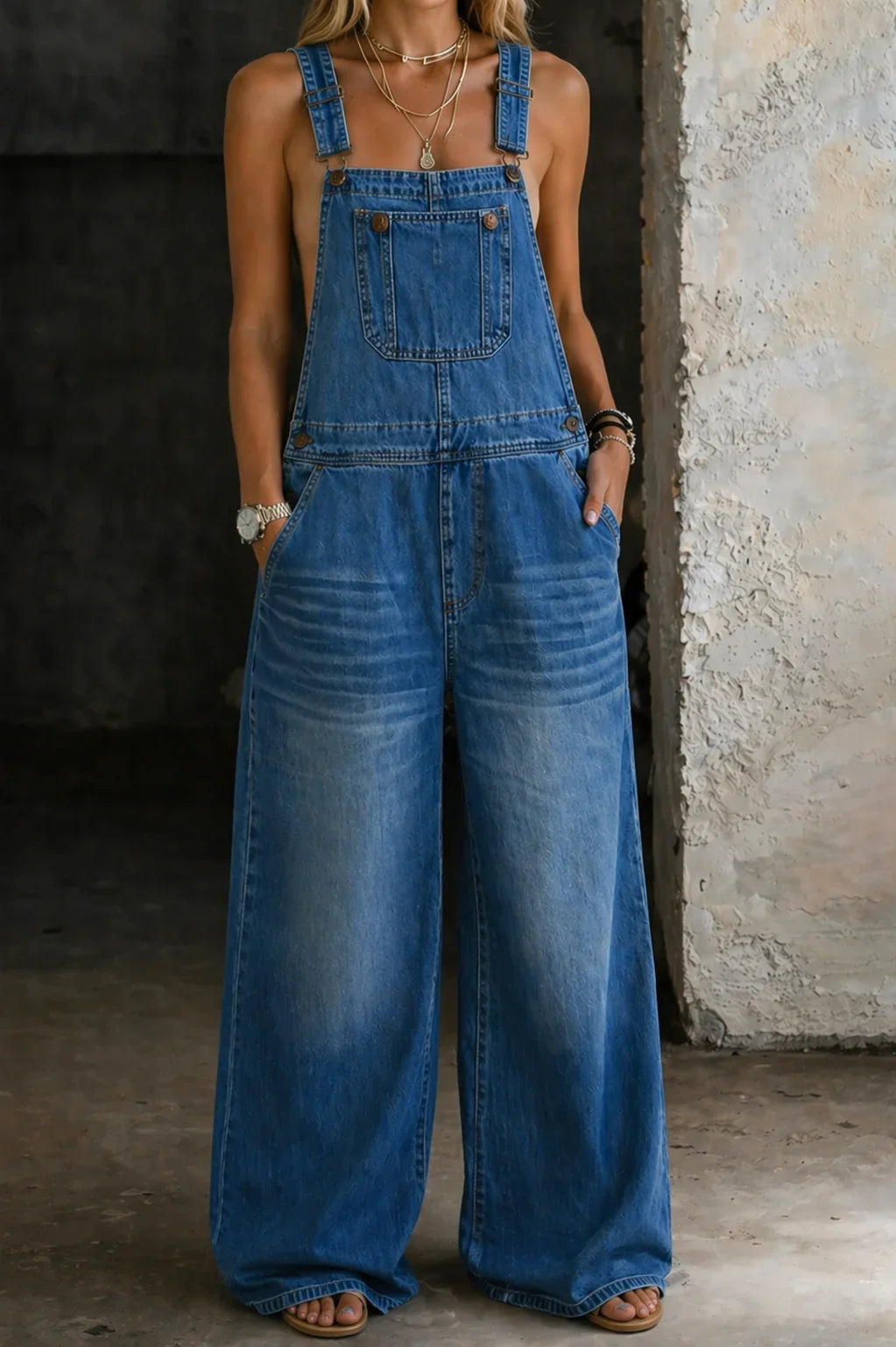 Wide Leg Denim Bib Overalls Jumpsuit — Women's Casual Fit 1