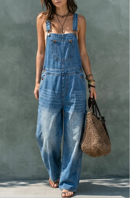 Wide Leg Denim Bib Overalls Jumpsuit — Women's Casual Fit 2