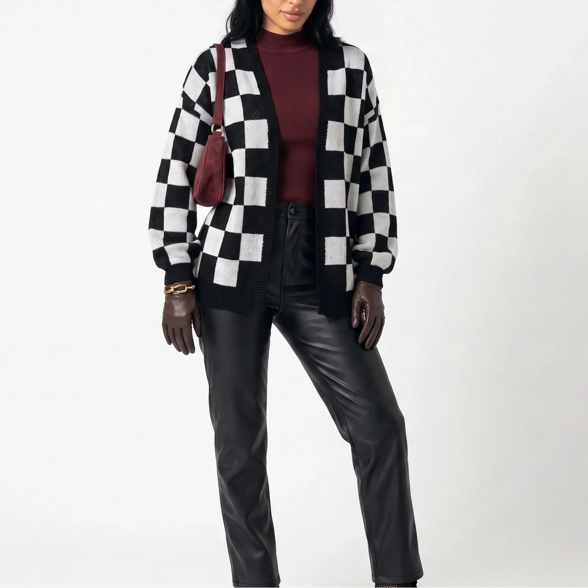 Checkerboard Knit Cardigan — Relaxed Fit Women's Sweater 2