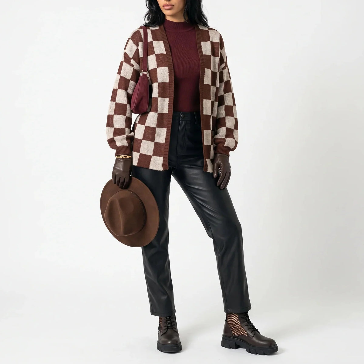 Checkerboard Knit Cardigan — Relaxed Fit Women's Sweater 3