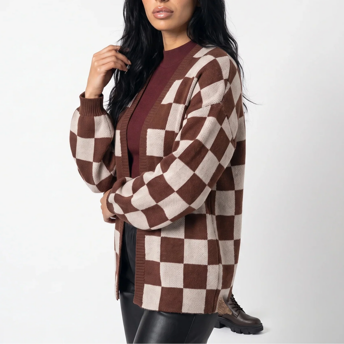 Checkerboard Knit Cardigan — Relaxed Fit Women's Sweater 4