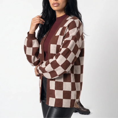 Checkerboard Knit Cardigan — Relaxed Fit Women's Sweater 4
