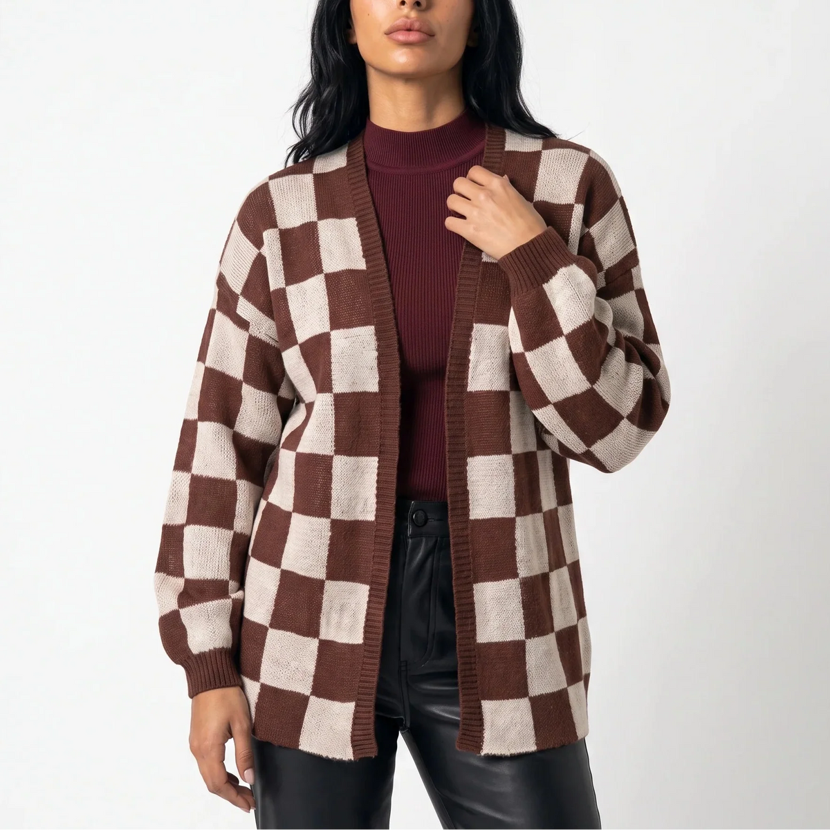 Checkerboard Knit Cardigan — Relaxed Fit Women's Sweater 1