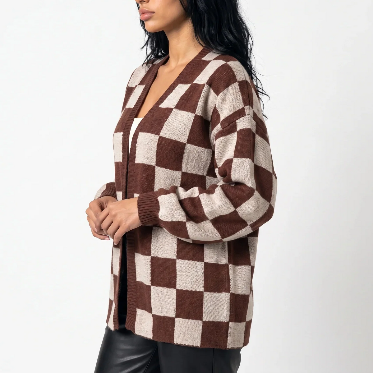 Checkerboard Knit Cardigan — Relaxed Fit Women's Sweater 5