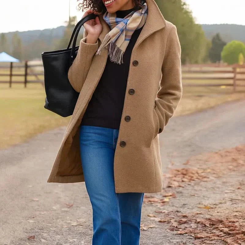 Women's Wool Blend Pea Coat — Button Front Long Sleeve 1