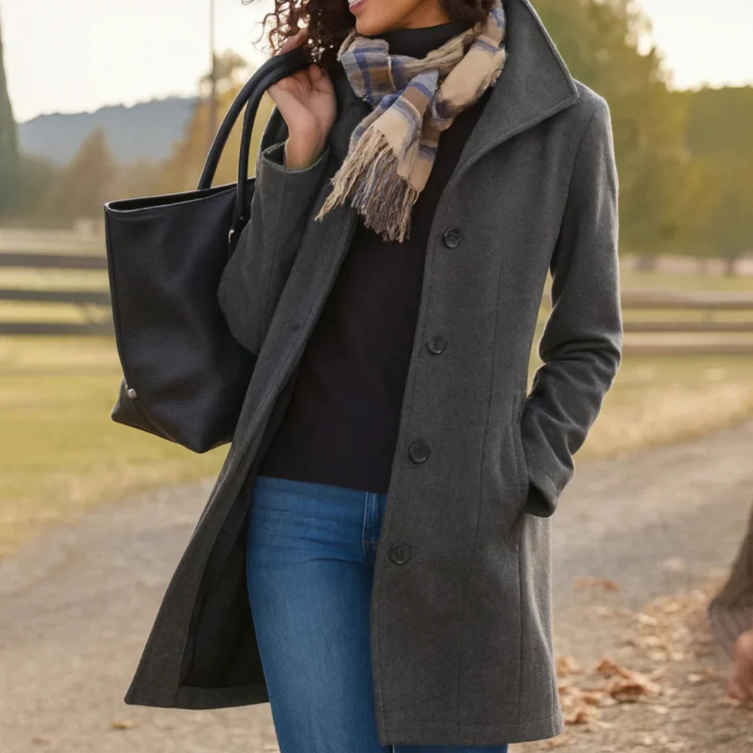 Women's Wool Blend Pea Coat — Button Front Long Sleeve 2