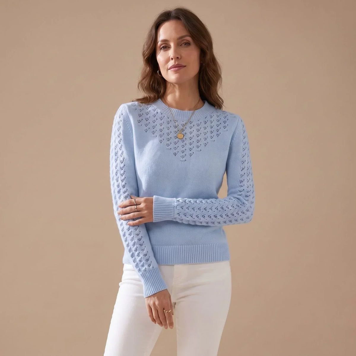 Pointelle Knit Sweater for Women — Crew Neck Pullover 1