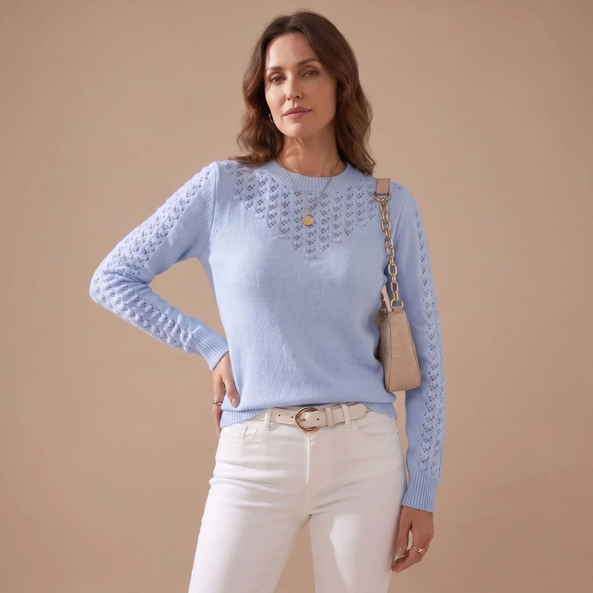 Pointelle Knit Sweater for Women — Crew Neck Pullover 6