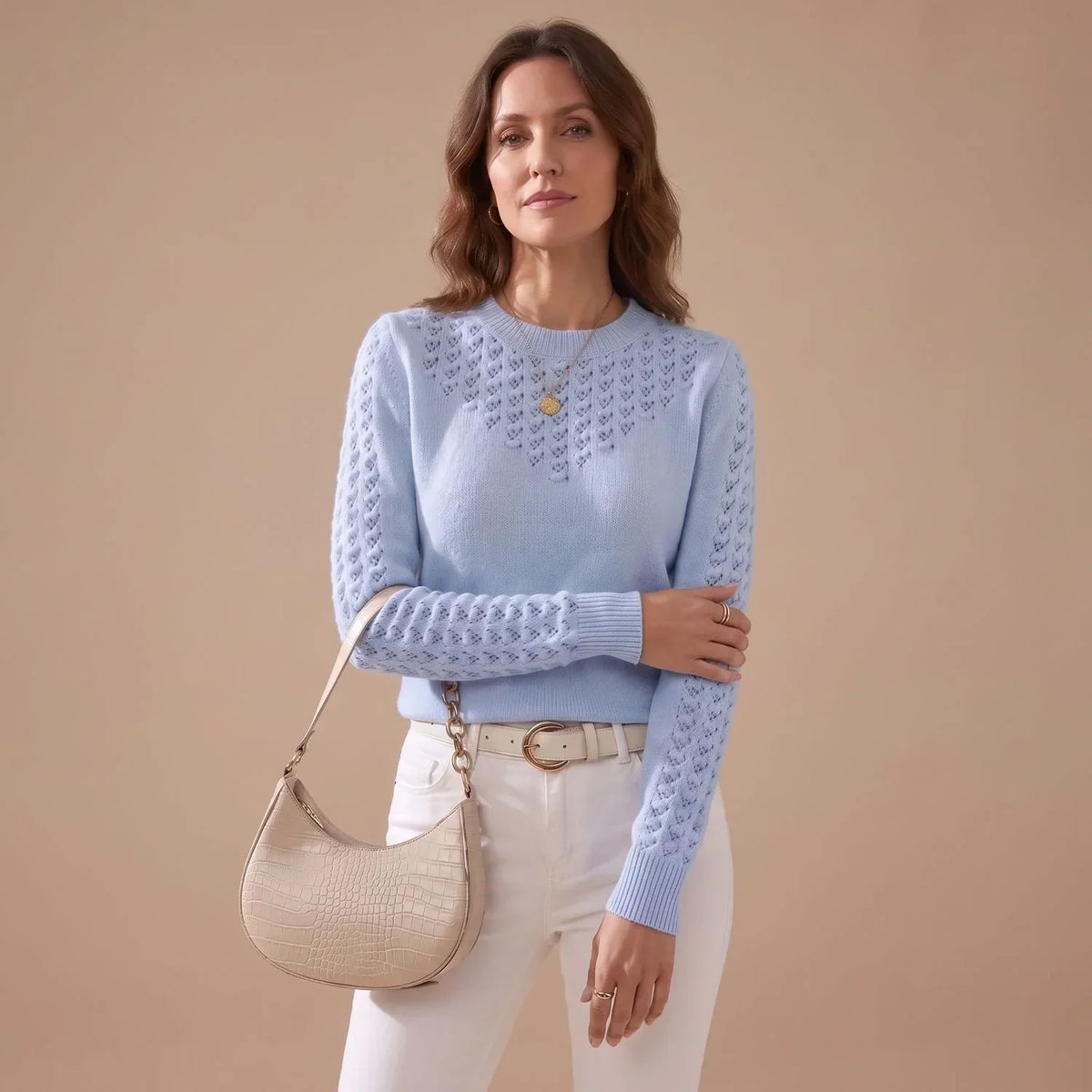 Pointelle Knit Sweater for Women — Crew Neck Pullover 7