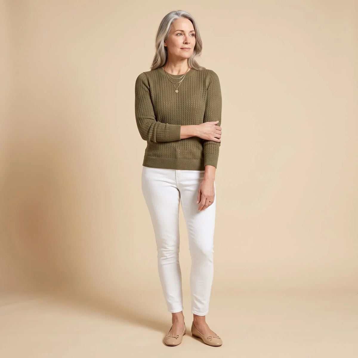 Pointelle Knit Sweater for Women — Crew Neck Pullover 8