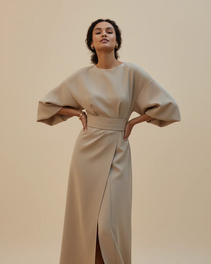 Elegant Wrap Midi Dress with Puff Sleeves — S to 3XL 11