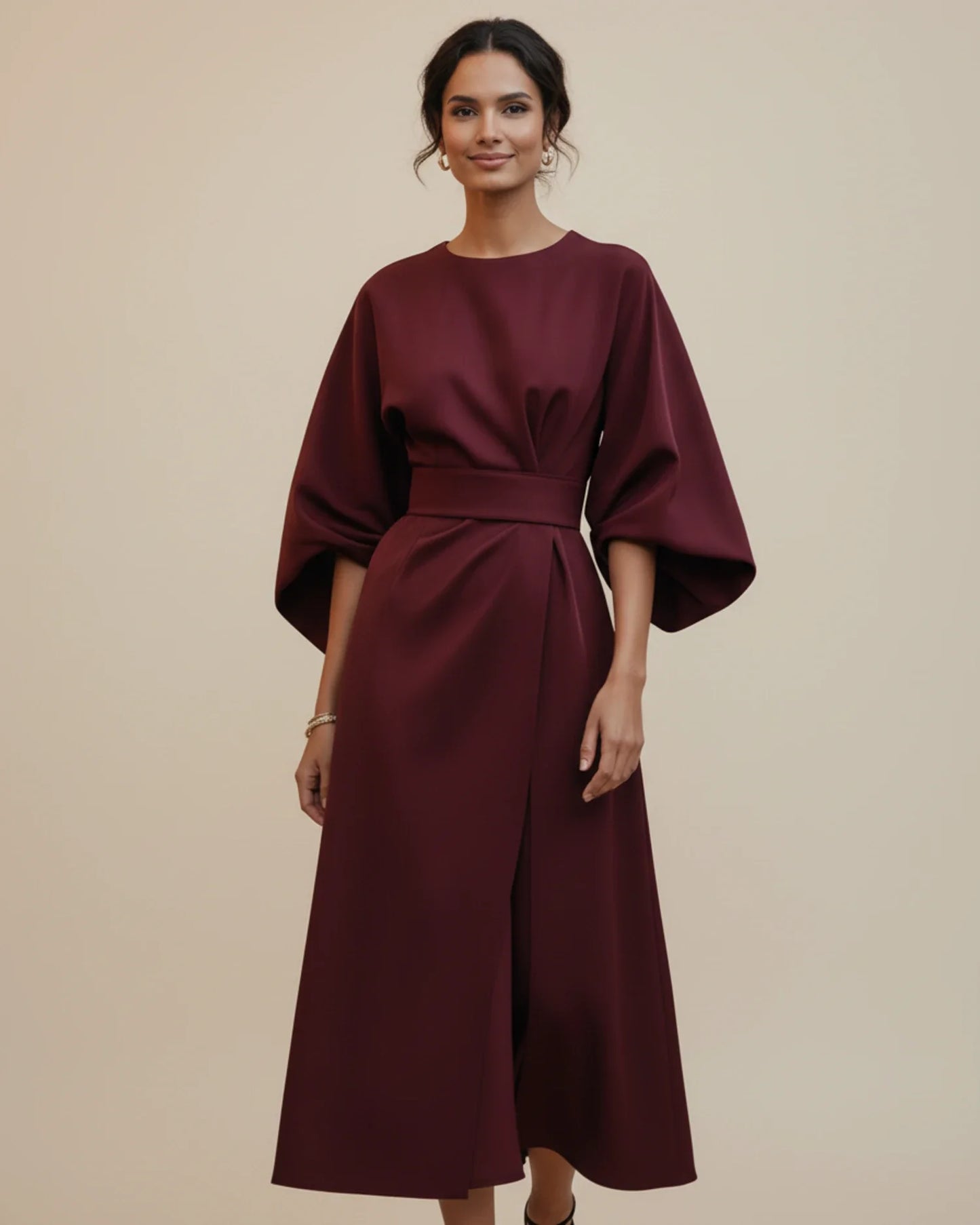 Elegant Wrap Midi Dress with Puff Sleeves — S to 3XL 19