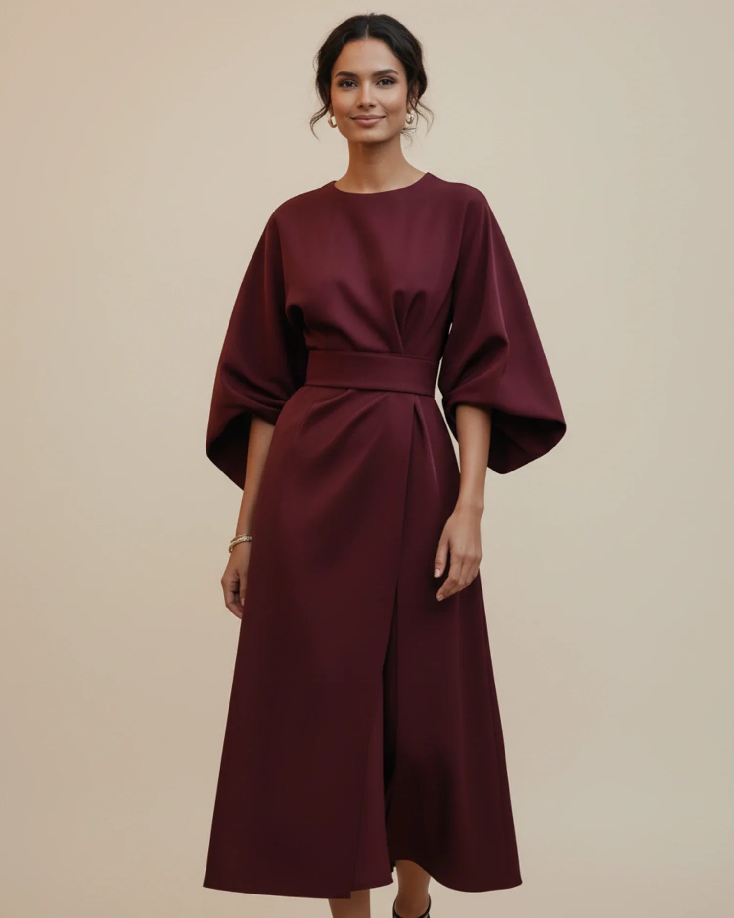 Elegant Wrap Midi Dress with Puff Sleeves — S to 3XL 19