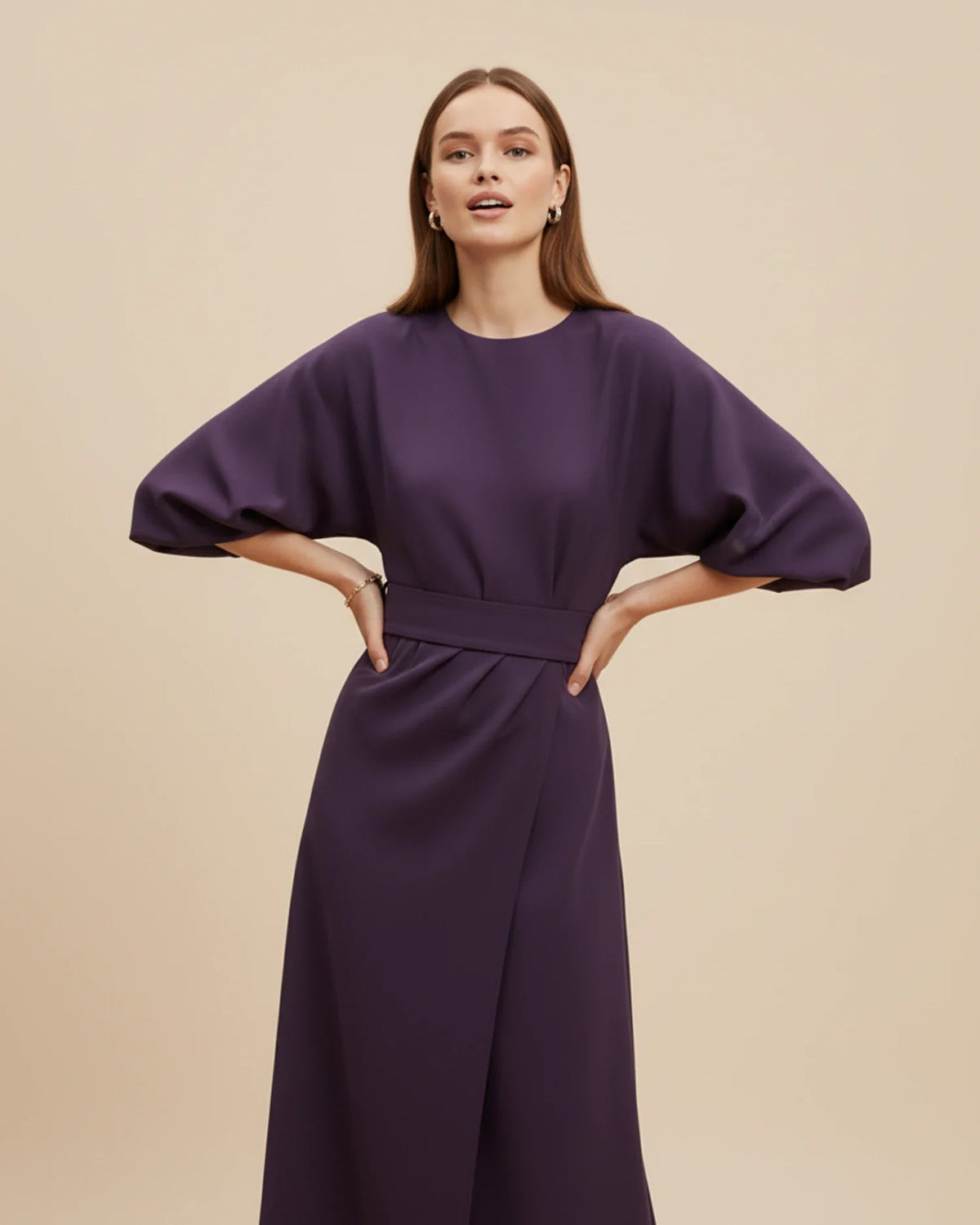 Elegant Wrap Midi Dress with Puff Sleeves — S to 3XL 5