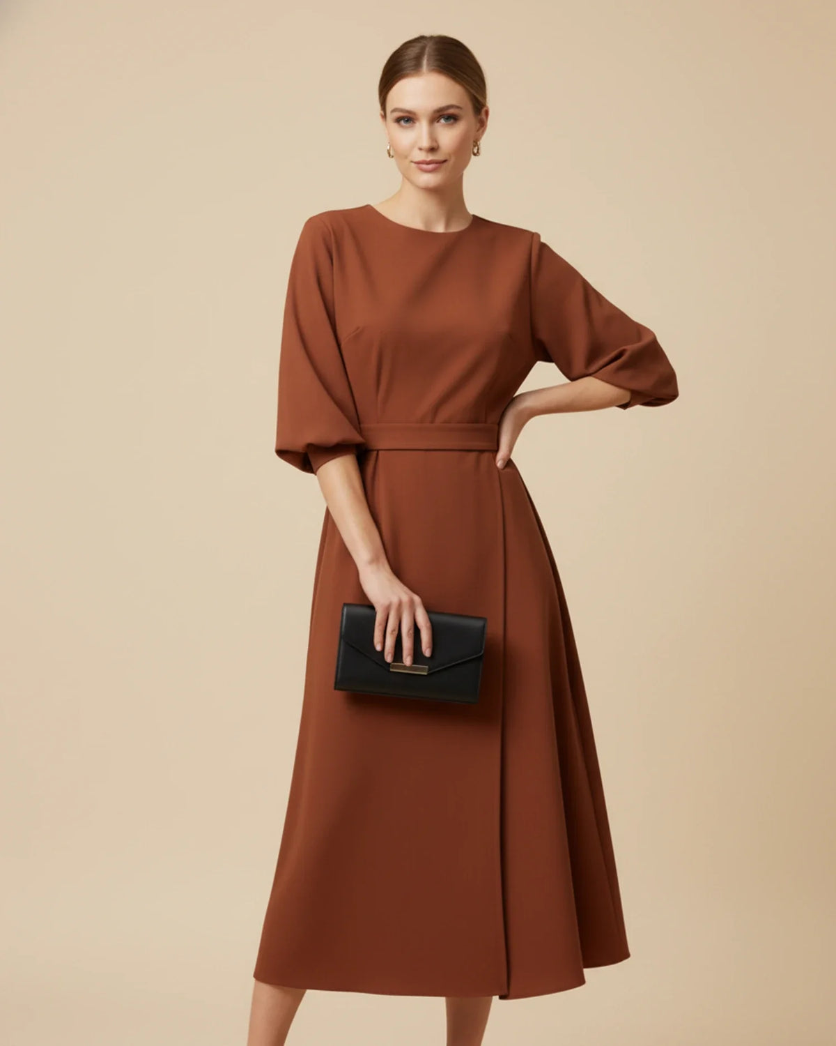 Elegant Wrap Midi Dress with Puff Sleeves — S to 3XL 17