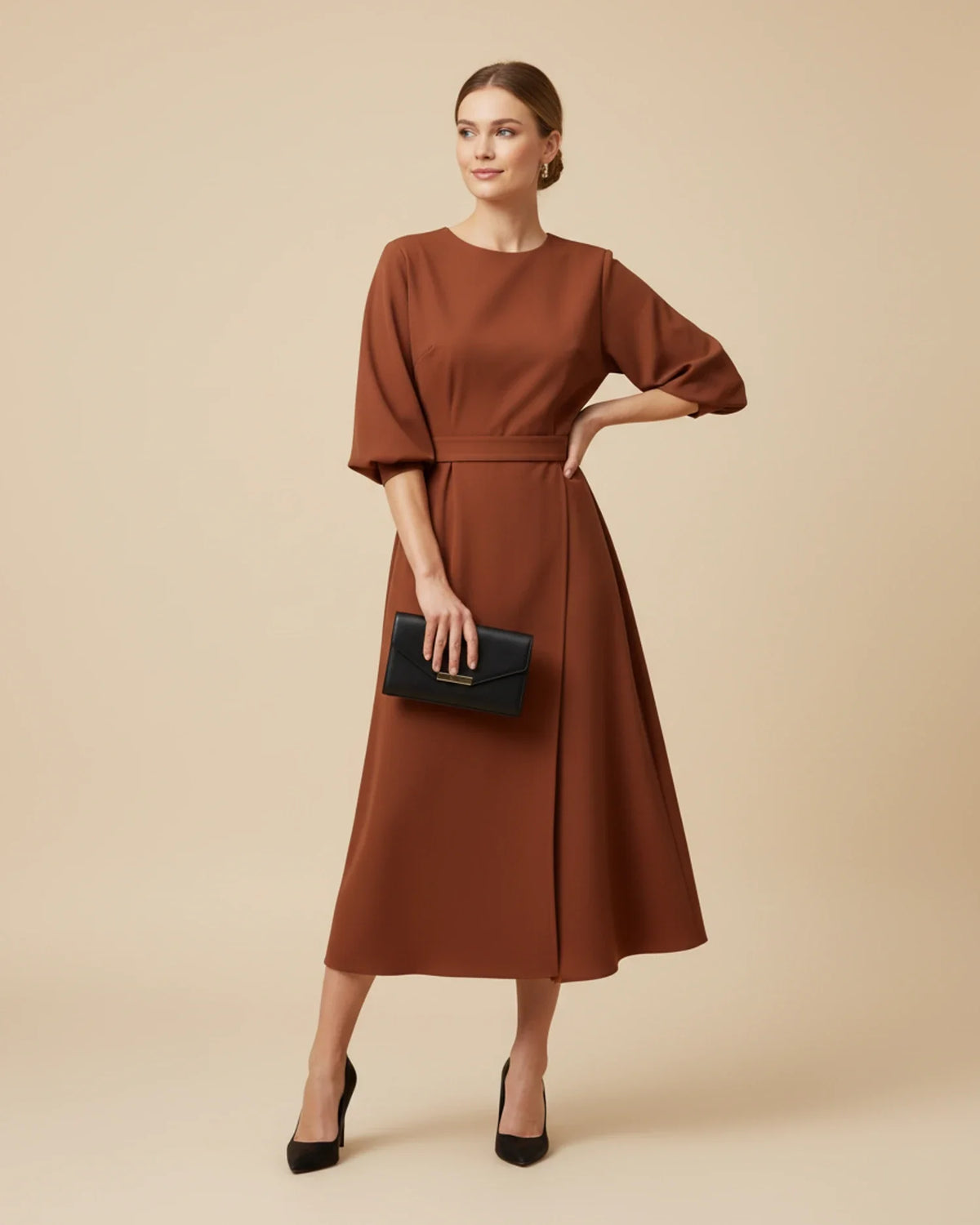 Elegant Wrap Midi Dress with Puff Sleeves — S to 3XL 18