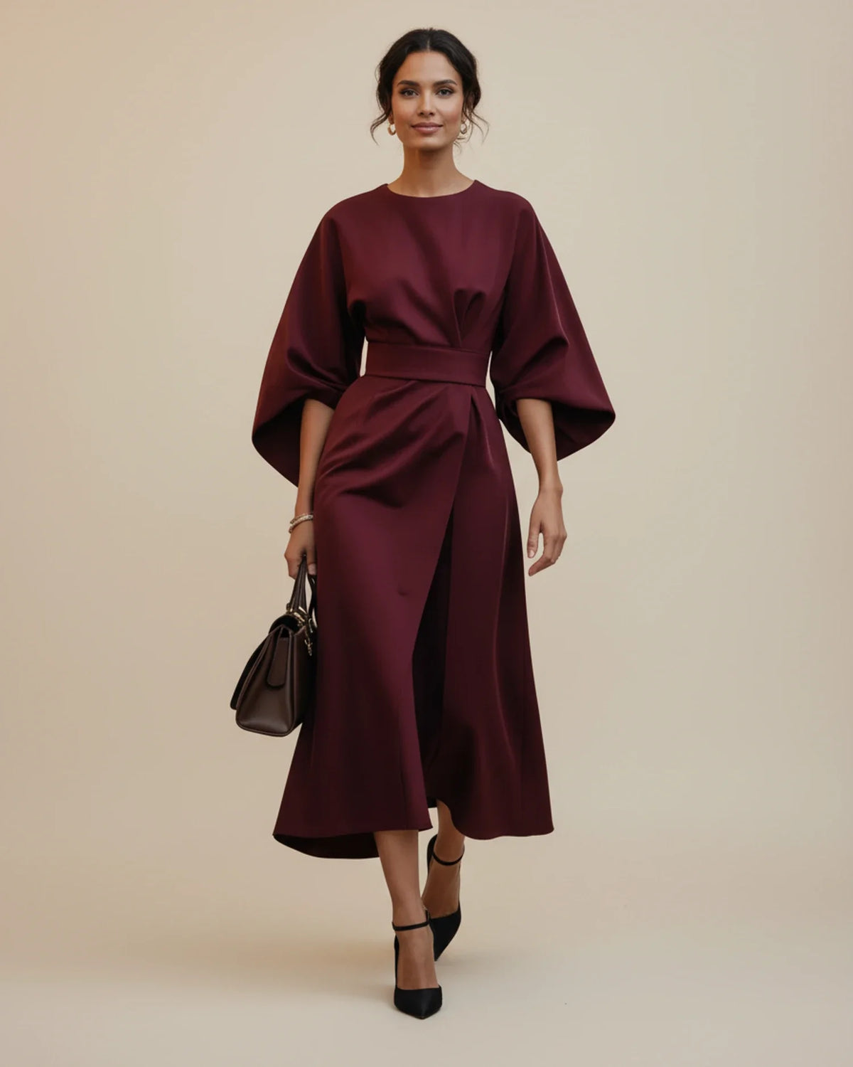Elegant Wrap Midi Dress with Puff Sleeves — S to 3XL 21