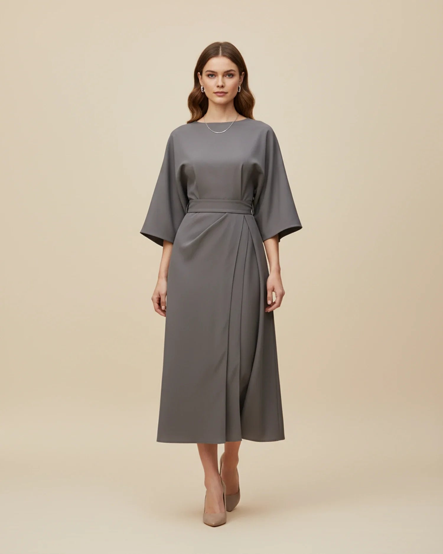 Elegant Wrap Midi Dress with Puff Sleeves — S to 3XL 15
