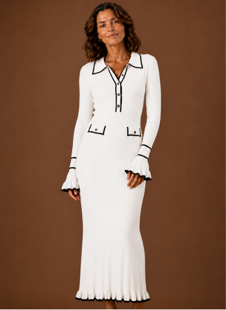 Ribbed Knit Maxi Sweater Dress — Polo Collar & Ruffled Hem 1