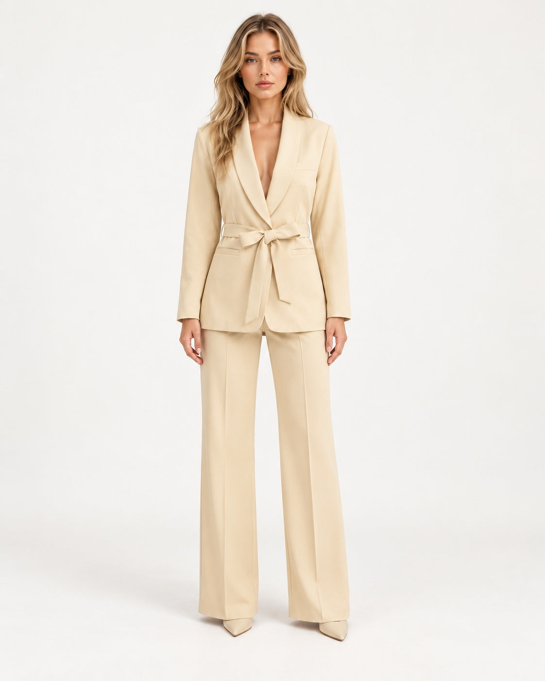 Beige belted blazer and wide-leg trouser co-ord worn full length
