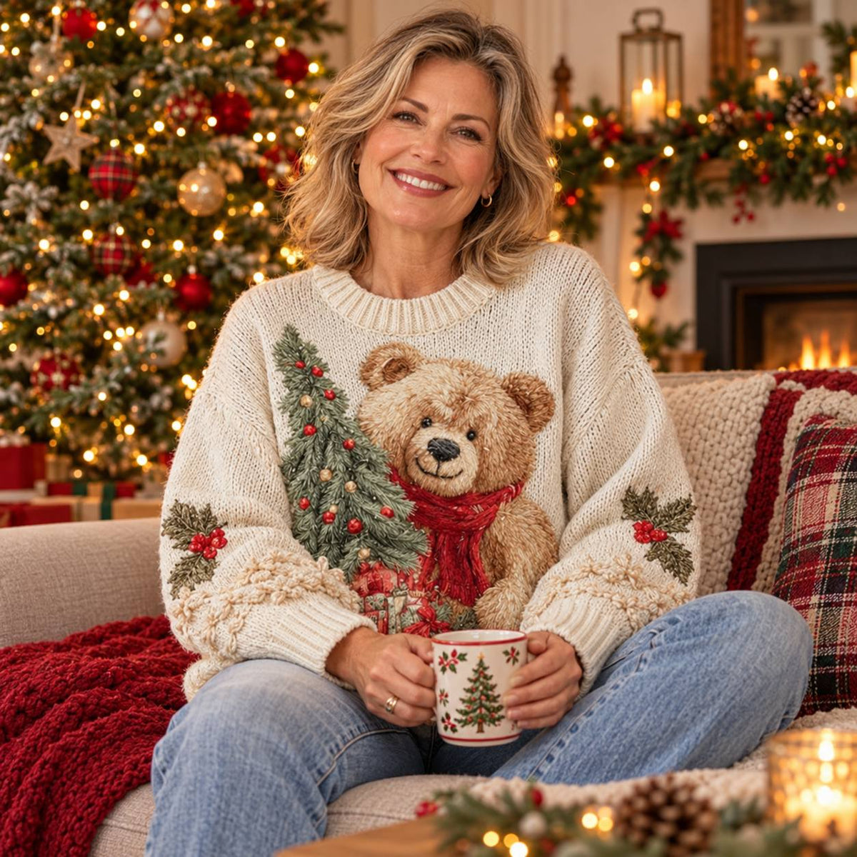 Women's cream Christmas knit jumper with teddy bear motif, worn by the fireside