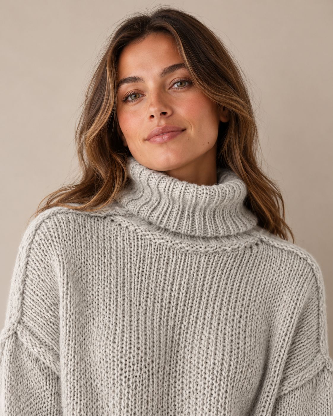 Close-up of the thick cable knit texture of the grey oversized turtleneck sweater