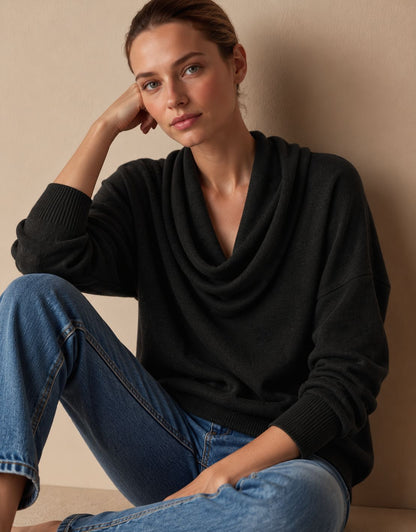 Women's Cowl Neck Knit Pullover Sweater in Black
