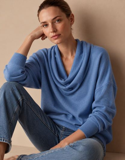 Women's Cowl Neck Knit Pullover Sweater in Blue
