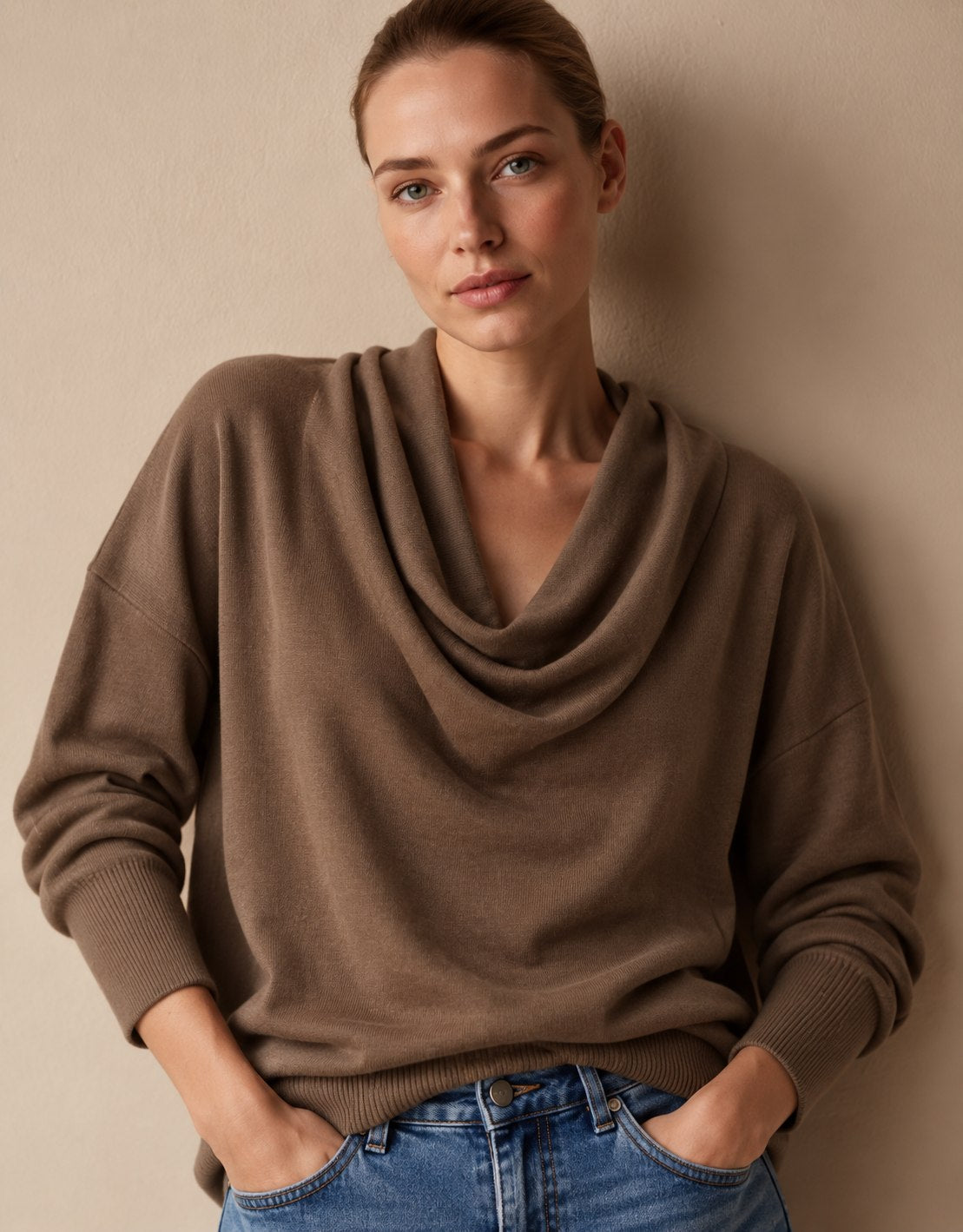 Women's Cowl Neck Knit Pullover Sweater in Brown — front view
