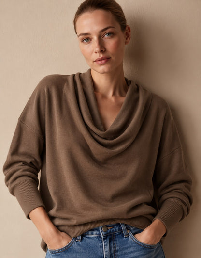 Women's Cowl Neck Knit Pullover Sweater in Brown — front view