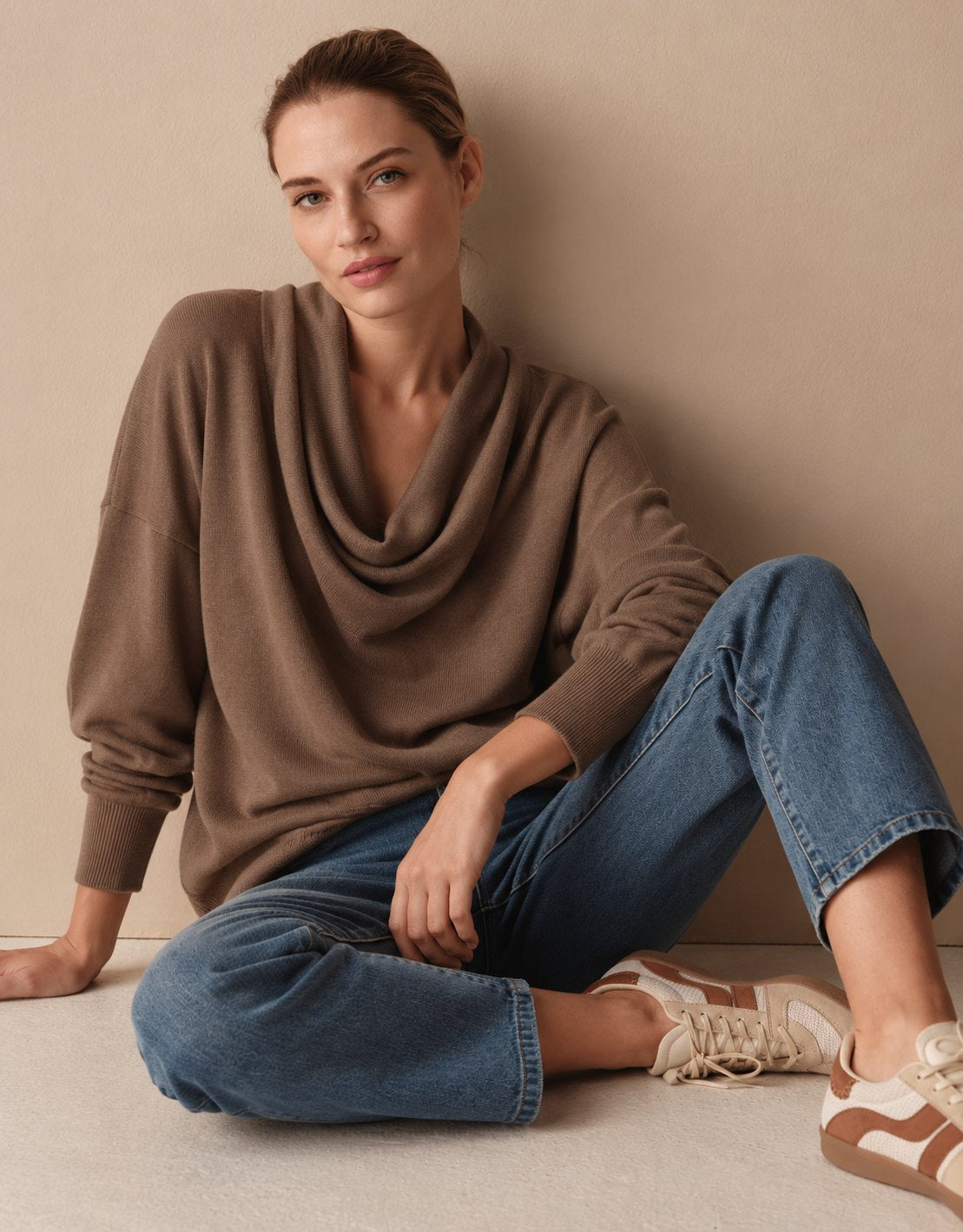 Women's Cowl Neck Knit Pullover Sweater in Brown — styled with jeans