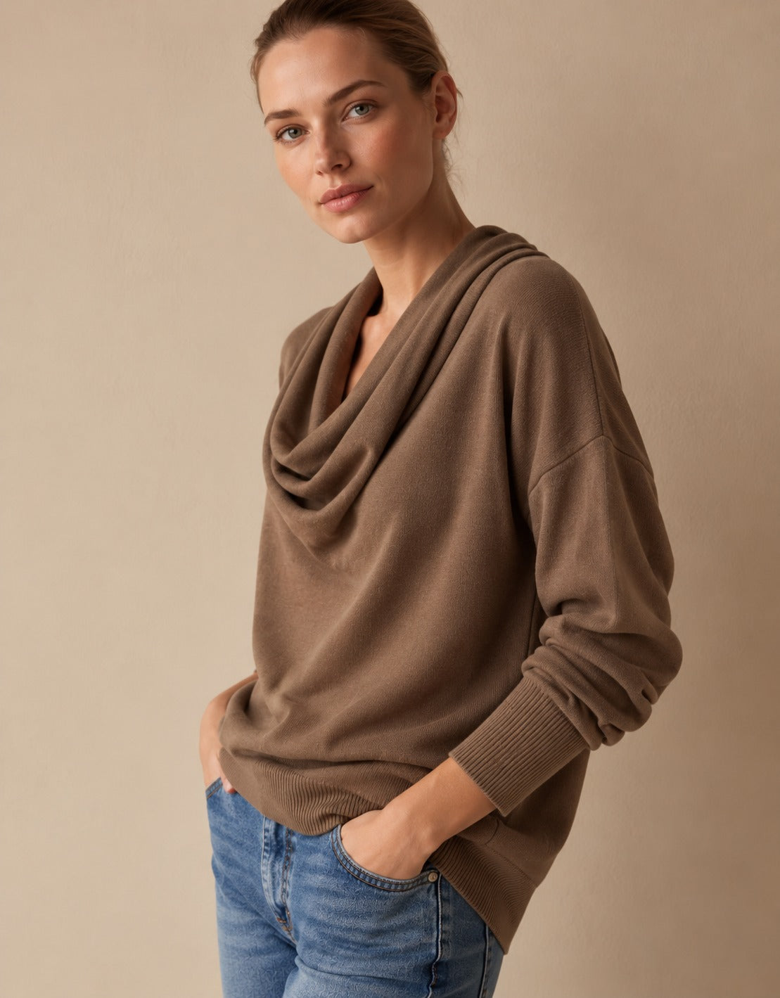 Women's Cowl Neck Knit Pullover Sweater in Brown — side view