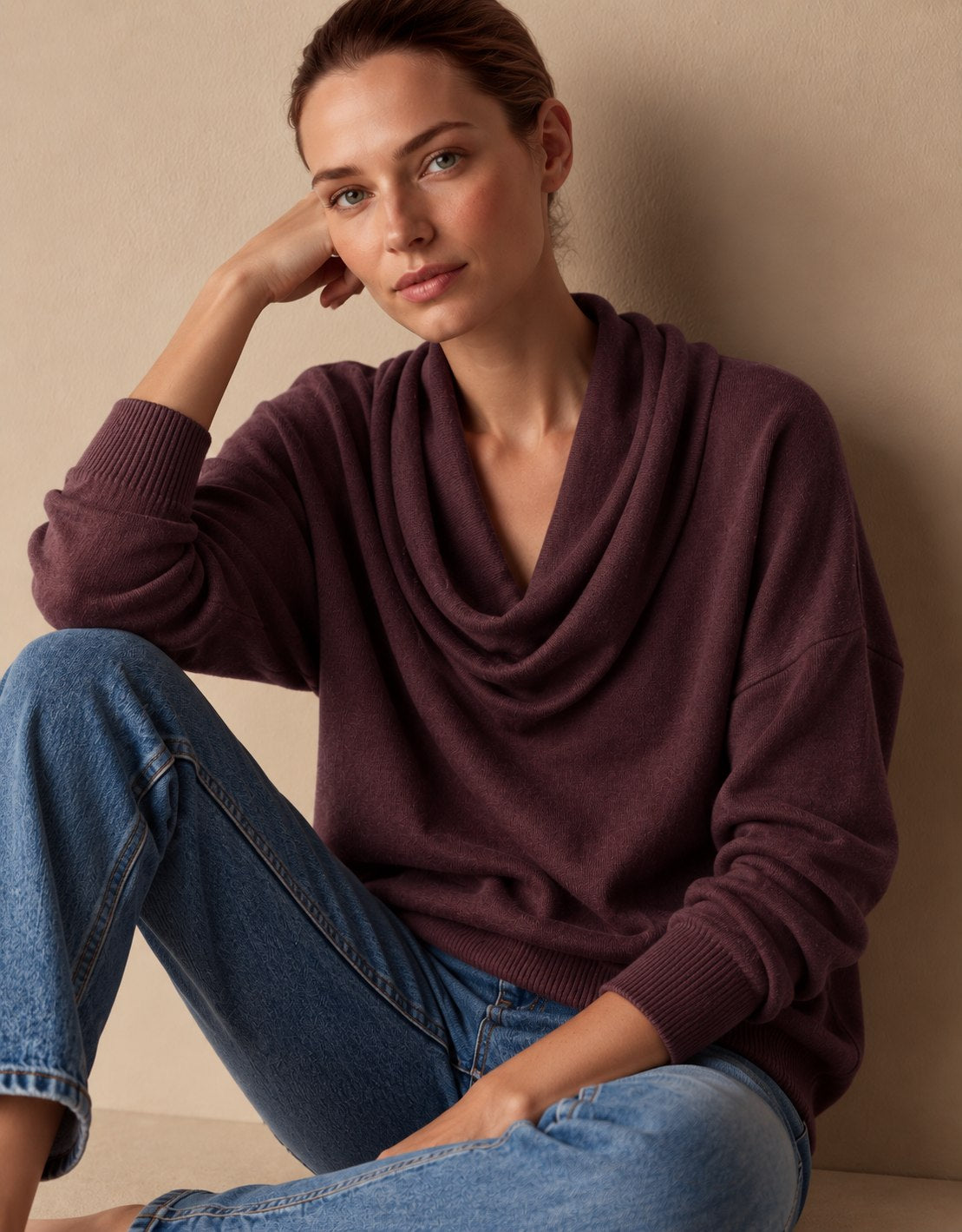 Women's Cowl Neck Knit Pullover Sweater in Dark Purple