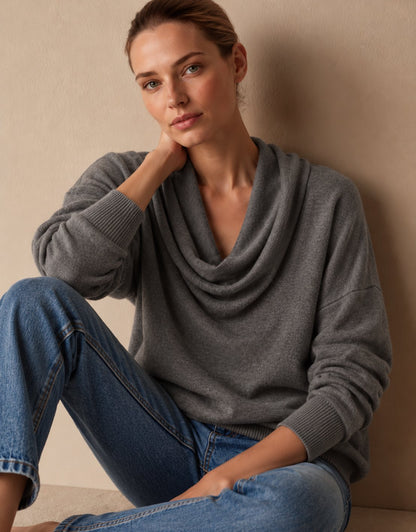 Women's Cowl Neck Knit Pullover Sweater in Grey