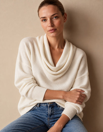 Women's Cowl Neck Knit Pullover Sweater in White