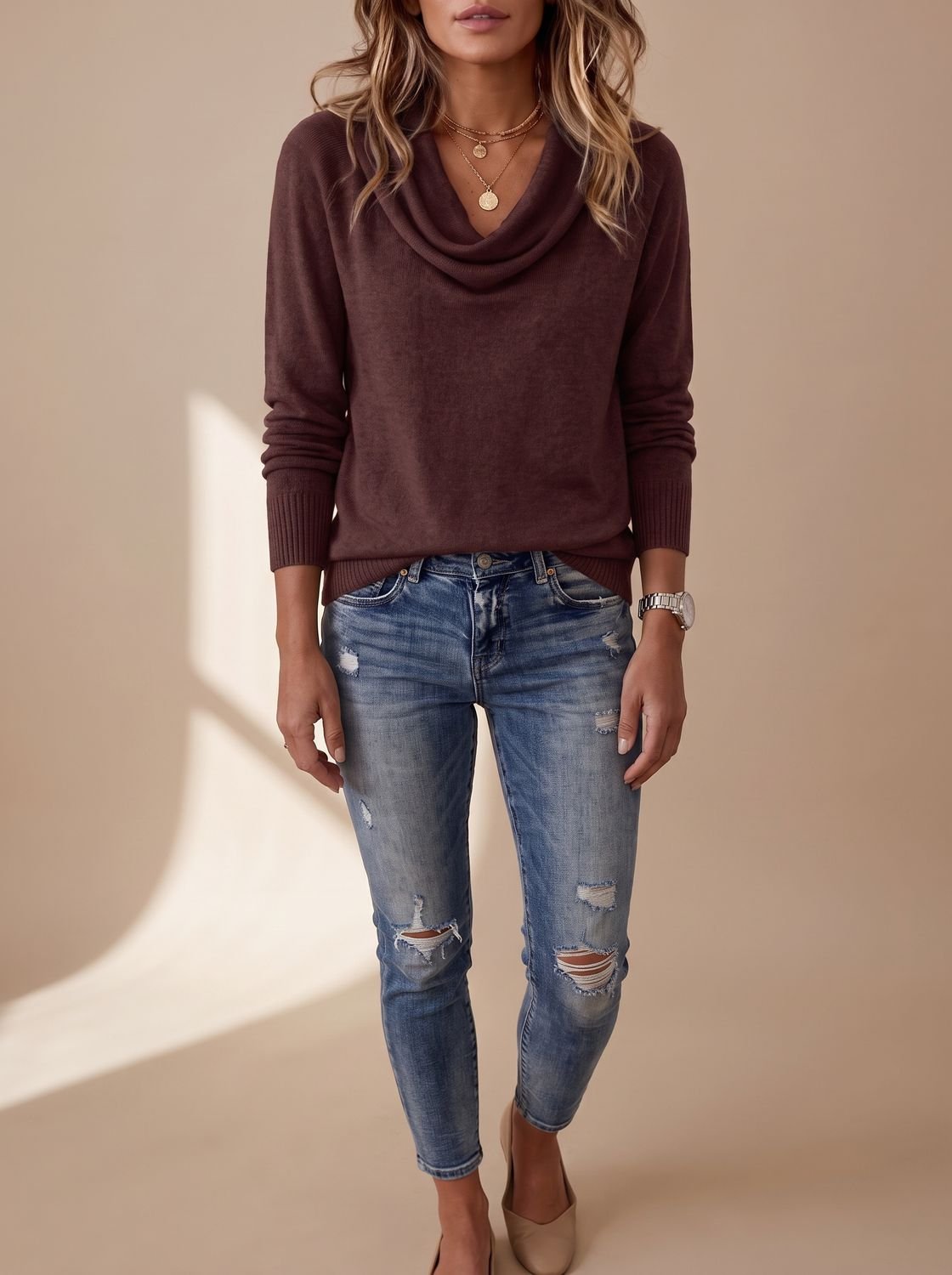 Women's Cowl Neck Knit Pullover Sweater — Long Sleeve 5