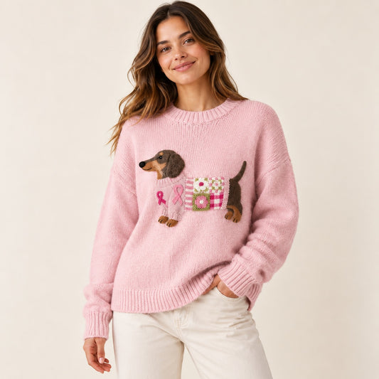 Woman wearing a pink knit sweater with an embroidered dachshund motif