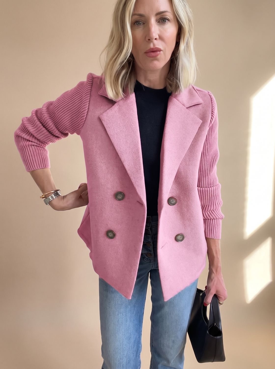 Women's Double-Breasted Knit-Sleeve Fitted Blazer XS-3XL 1