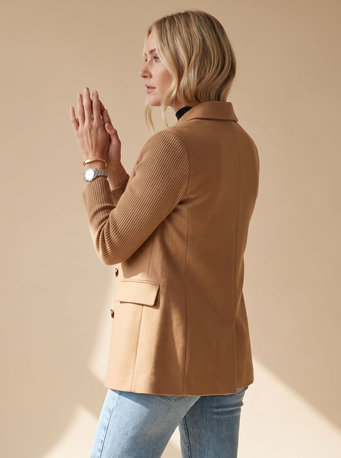 Women's Double-Breasted Knit-Sleeve Fitted Blazer XS-3XL 10