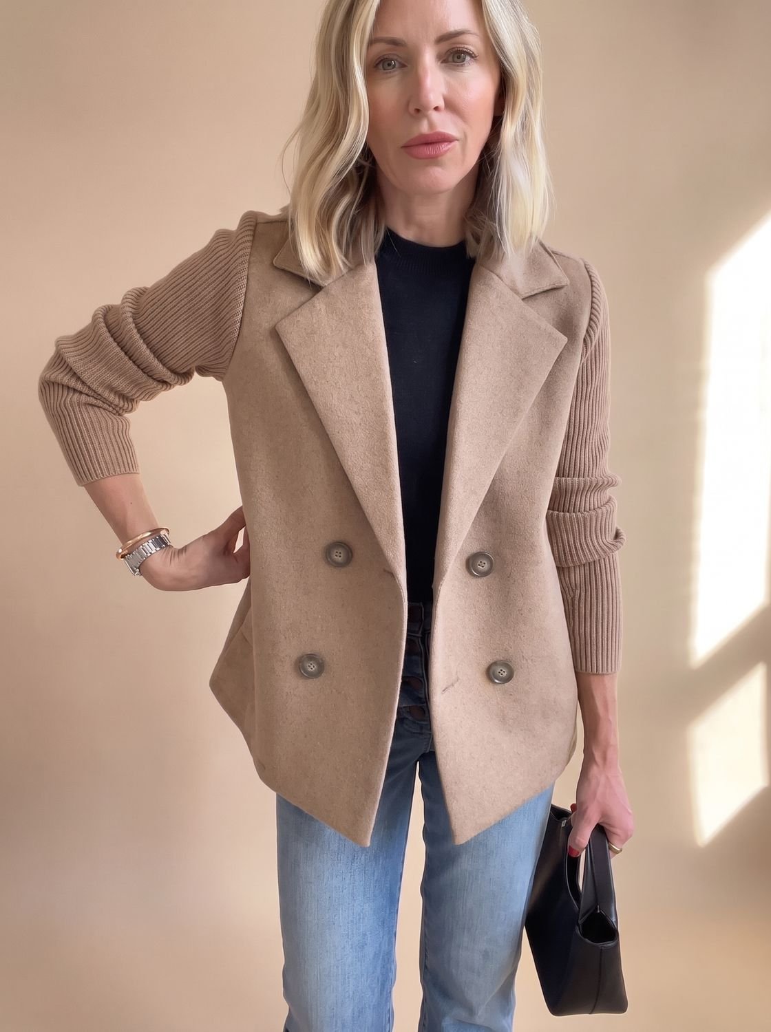 Women's Double-Breasted Knit-Sleeve Fitted Blazer XS-3XL 11