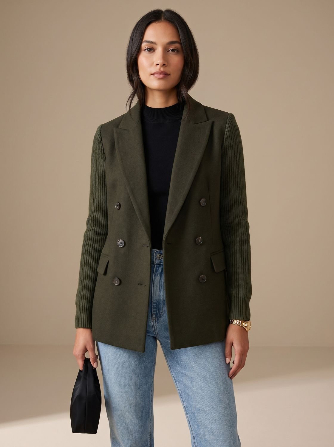 Women's Double-Breasted Knit-Sleeve Fitted Blazer XS-3XL 2
