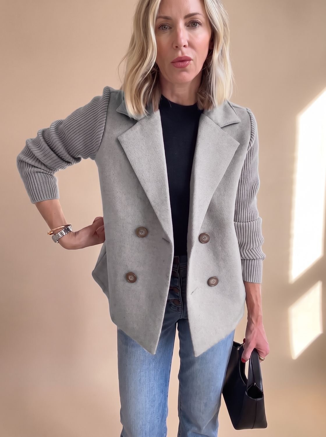 Women's Double-Breasted Knit-Sleeve Fitted Blazer XS-3XL 3